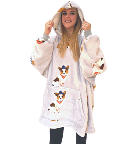 An oversized dog print fleece hoodie
