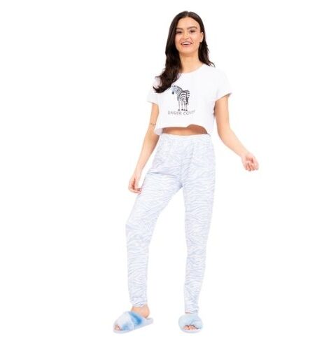 A woman wearing a Blue and White Zebra print t-shirt and legging set