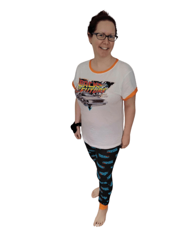 A woman wearing back to the future Pyjamas