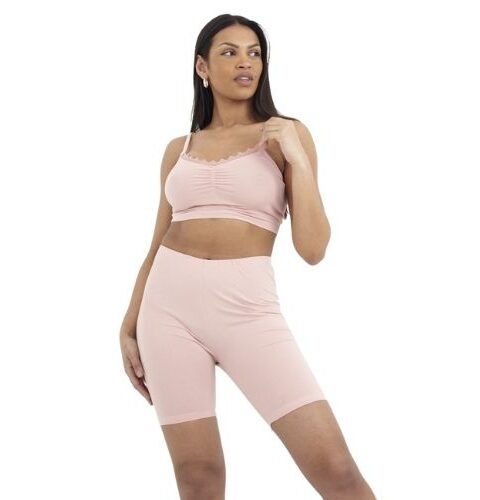 Model wearing pink cycling shorts pyjamas set for women